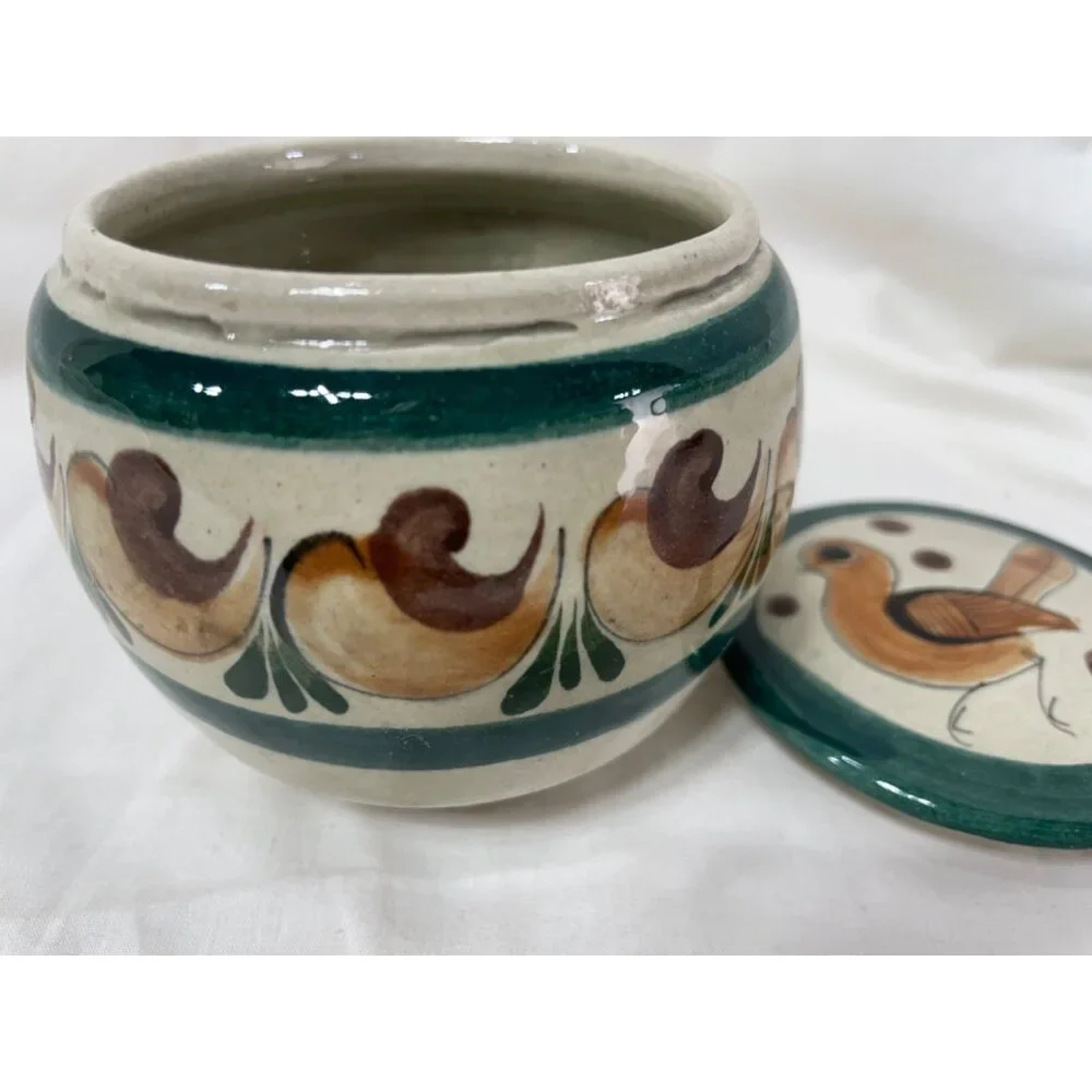 Mexican HandPainted Ceramic Jar w Lid Bird Floral Design Green & Brown Accents